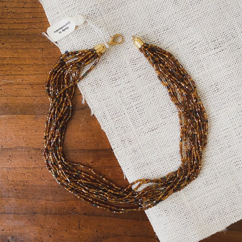 Handmade In Czechoslovakia Brown Glass Bugle Seed Beaded Multi Strand Necklace